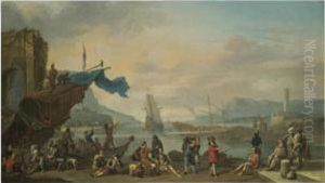 A Mediterranean Harbour Scene With Figures On The Quay