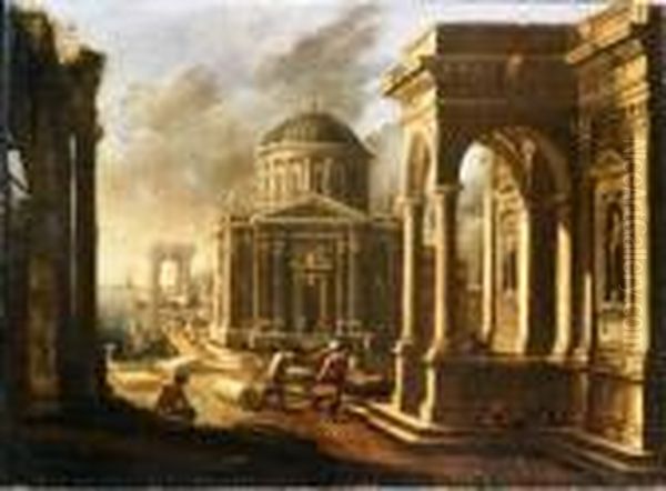 Capriccio Architettonicocostiero
 Con Un Portico Di Ordine Tuscanico, Una Chiesa A Piantacentrale Con 
Cupola E Un Arco In Lontananza, Con Astanti - view 1