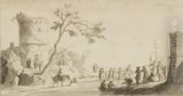 Personnages Dans Un Paysage Au Bord D'un Rivage, Des Bateaux A L'arriere-plan - view 1