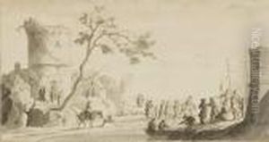 Personnages Dans Un Paysage Au Bord D'un Rivage, Des Bateaux A L'arriere-plan by Johannes Lingelbach