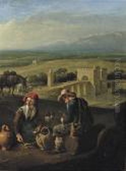 Two Peasants Eating In An Italianate River Landscape, Travellers On A Bridge Beyond - view 1