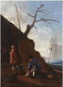 An Italianate Landscape With An
Old Man Resting On A Tree Trunk On A Path Together With A Young Boy by Johannes Lingelbach