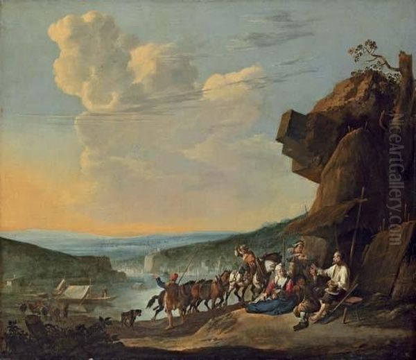 An Extensive River Landscape With Peasants Resting By A Shack And Horses Pulling A Boat - view 1