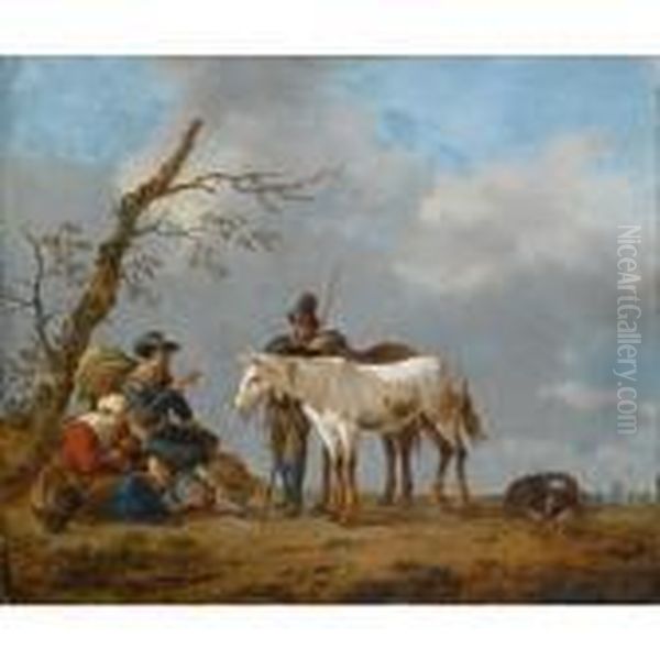 A Family And A Traveller
Conversing Near A Tree, Together With Their Horses And A Dog In A
Landscape - view 1