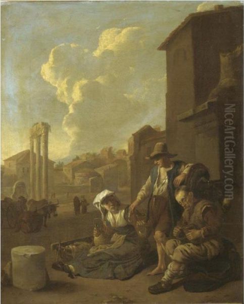 A Roman Street Scene, With A 
Peasant Family Eating And Drinking, The Campo Vaccino Beyond - view 1