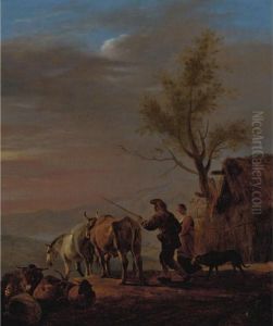 A Sunset Scene With A Drover And His Wife Driving Out Their Animals by Johannes Lingelbach