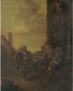 A Roman Street Scene With A Beggar Dancing, Trajan's Column In The Distance by Johannes Lingelbach