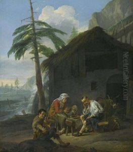 Peasant Family Before A Mill. by Johannes Lingelbach