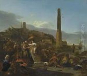 Lively Mediterranean Harbour, With Central Figure Of A Lady Having Her Hand Read.