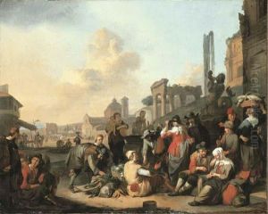 An Elegant Couple Walking Through A Market In The Piazza Delpopolo, Rome by Johannes Lingelbach