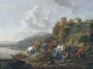 An Italianate River Landscape With Travellers By A Ferry by Johannes Lingelbach