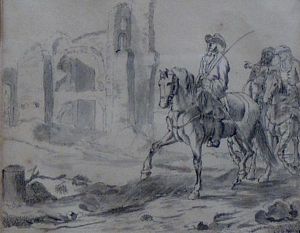 Horsemen In A Landscape, Ruins Beyond by Johannes Lingelbach