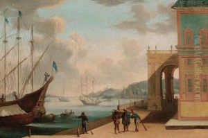 A Capriccio Of A Mediterranean Harbour With Oriental Merchantsconversing On A Quay