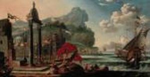 A Levantine Harbour With Moored Boats And Elegant Figures On Aquay