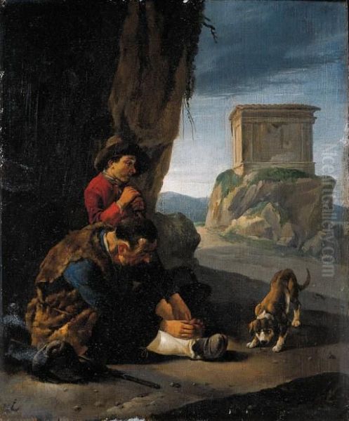Vagabonds Resting By A Cliff On A
 Pass; And A Peasantwoman With Herchildren Resting By A Fence In 
Italianate Landscapes - view 1