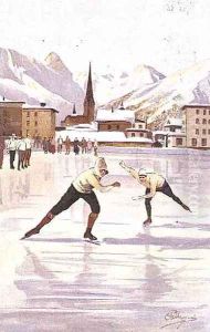 Skaters racing on the ice rink at Davos, Switzerland by Carlo Pellegrini