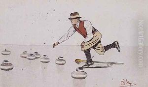 Man casting a stone in a game of curling by Carlo Pellegrini