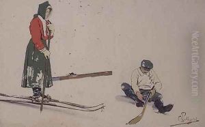 Securing his skis by Carlo Pellegrini