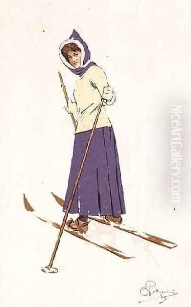 Woman turning on skis - view 1