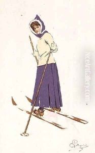 Woman turning on skis by Carlo Pellegrini