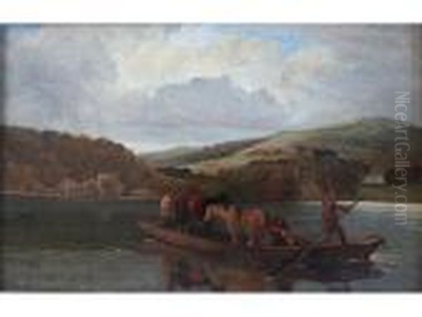 Lake Landscape: Men And Animals On A Small Ferry - view 1