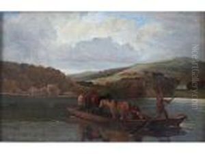 Lake Landscape: Men And Animals On A Small Ferry by John Linnell