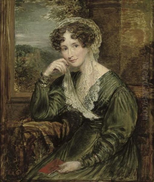 Portrait Of Madame De Wouters,
Nee Baronne De Barbier, Three-quarter-length, Seated, In Green Dress
With A Lace Veil, Holding A Book At A Window, A Wooded Landscape Beyond - view 1