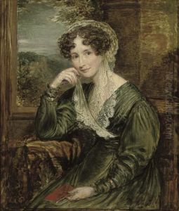 Portrait Of Madame De Wouters, 
Nee Baronne De Barbier, Three-quarter-length, Seated, In Green Dress 
With A Lace Veil, Holding A Book At A Window, A Wooded Landscape Beyond