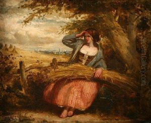 A Mid-day Rest - Peasant Girl With Wheat Sheaf By A Stile by John Linnell