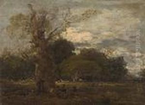 'resting Time'; Figures Beside A Tree In Awooded Landscape by John Linnell