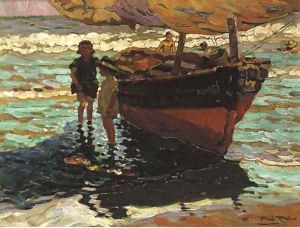 A fishing boat with children on the shore A fishing boat with children on the shore