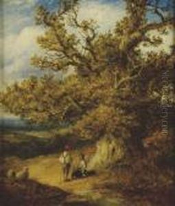 Figures With Dog And Sheep Beneath A Tree by John Linnell