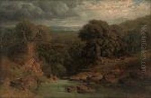 A Wooded River Landscape With A Deer Beyond by John Linnell