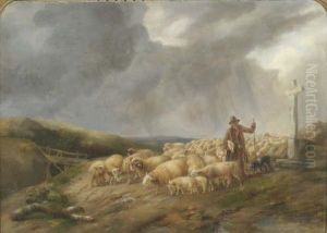 Shepherd And Flock On A Hillside Bears Signature And Dated 1866 20 X 28in by John Linnell
