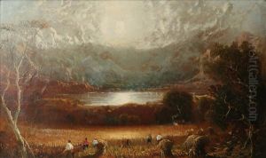 Harvesting Before A Lake With Mountains Beyond