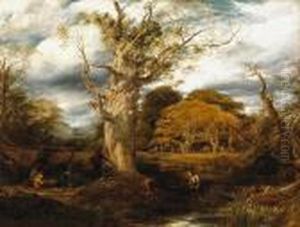A Large Oak Tree In A Landscape With Figures And Children Gathering Wood