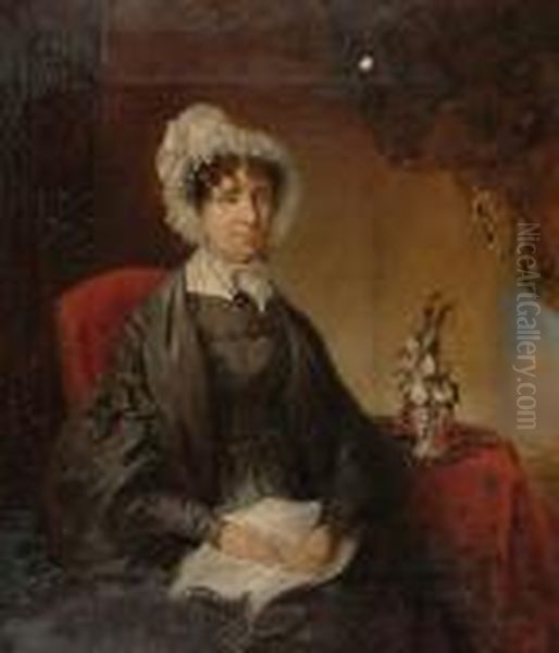 Portrait Of Mrs Ann Clowes
Seated In An Interior, Wearing A Black Dress And A White Bonnet - view 1