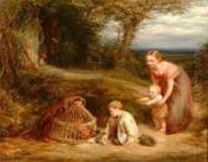 "the Young Brood", Children With
 A Hen And Chicks In A Landscape, Signed And Dated 1846, Oil On Panel