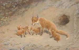 A fox with her cubs before their den