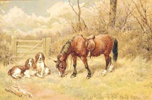 Spaniels and a Horse resting beside a Gate by Frank Paton