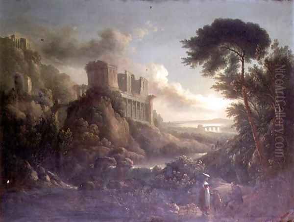 Extensive moonlit rocky river landscape with figures in the foreground and classical ruins beyond - view 1