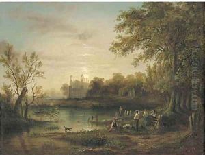 Boys bathing by moonlight with Eton College beyond