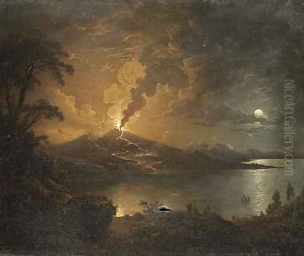 A coastal landscape with a volcano erupting by moonlight - view 1
