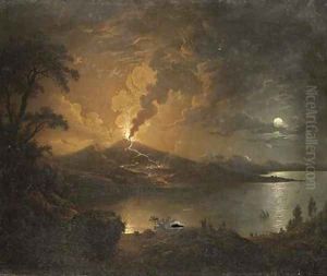 A coastal landscape with a volcano erupting by moonlight