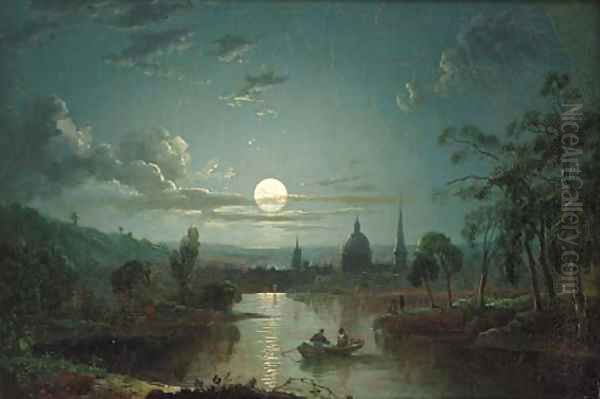 A moonlit river landscape with figures in a boat, a city beyond - view 1