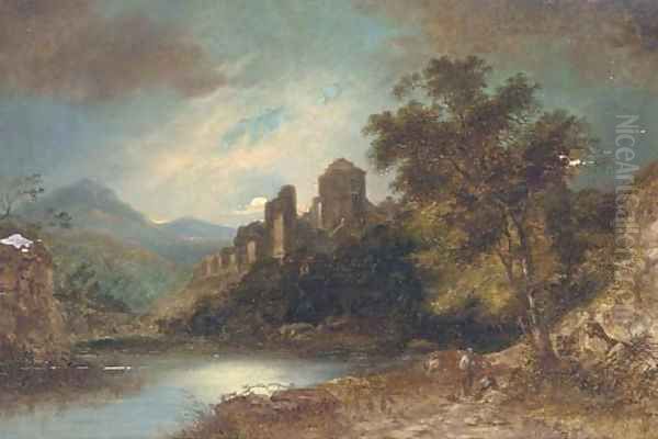 Travellers on a track, a ruined castle beyond - view 1