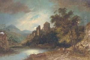 Travellers on a track, a ruined castle beyond