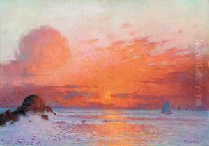 Coucher de soleil sur la mer ou Voiliers au soleil couchant by Ferdinand Loyen Du Puigaudeau
