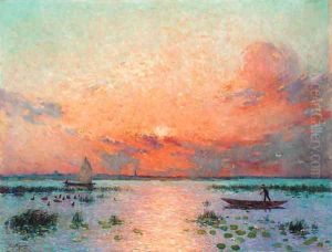 Barques de peche au soleil couchant by Ferdinand Loyen Du Puigaudeau