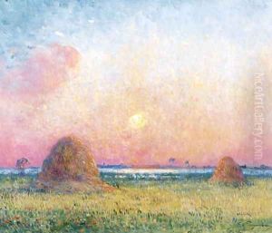 Bottes de ble au coucher du soleil by Ferdinand Loyen Du Puigaudeau